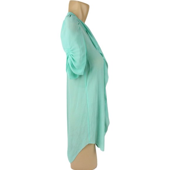 t. babaton Silk Crepe Blouse XS Mint Green Short Sleeve V Neck Ruffle CA270 - Picture 3 of 14
